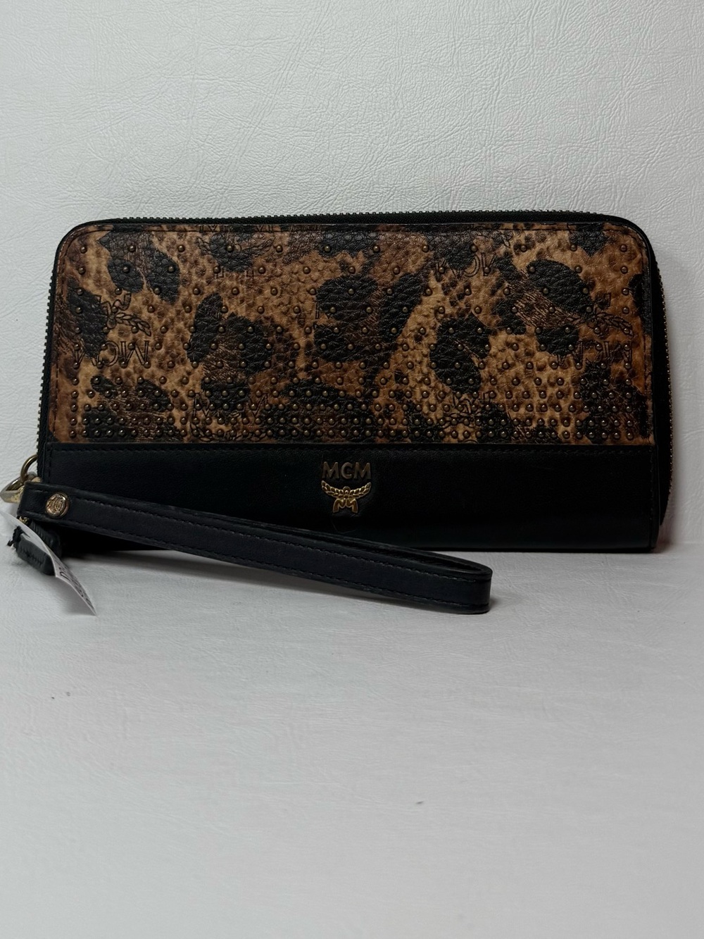 MCM Limited Edition Leopard-Print Studded Zip Wallet Wristlet in Brown & Black